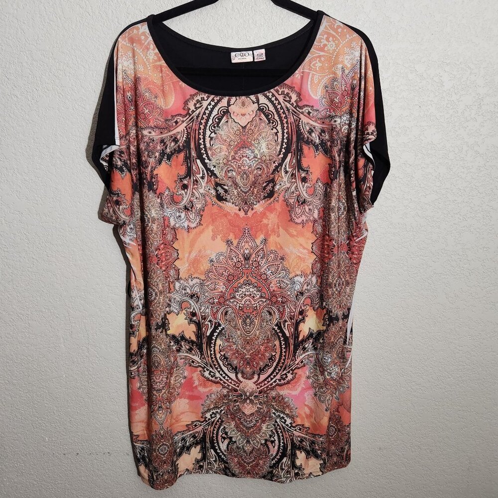 Cato Woman Paisley Print Tunic Top Size 18/20W Black & Multicolor Short Sleeve